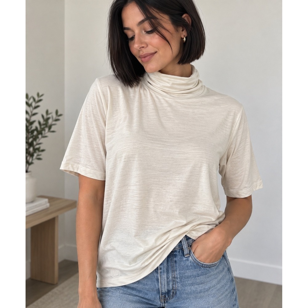 Lauren Ralph Lauren Womens XL Cream Short Sleeve Turtleneck Top Jersey RL Logo